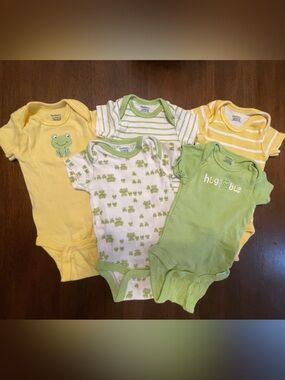 Gerber Green & Yellow Frog Print Baby One-Piece Bodysuits - 5 Pack